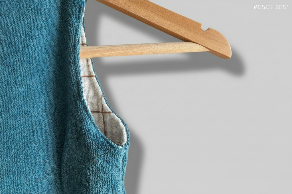 Detail van turquoise badstof salopette maat 68